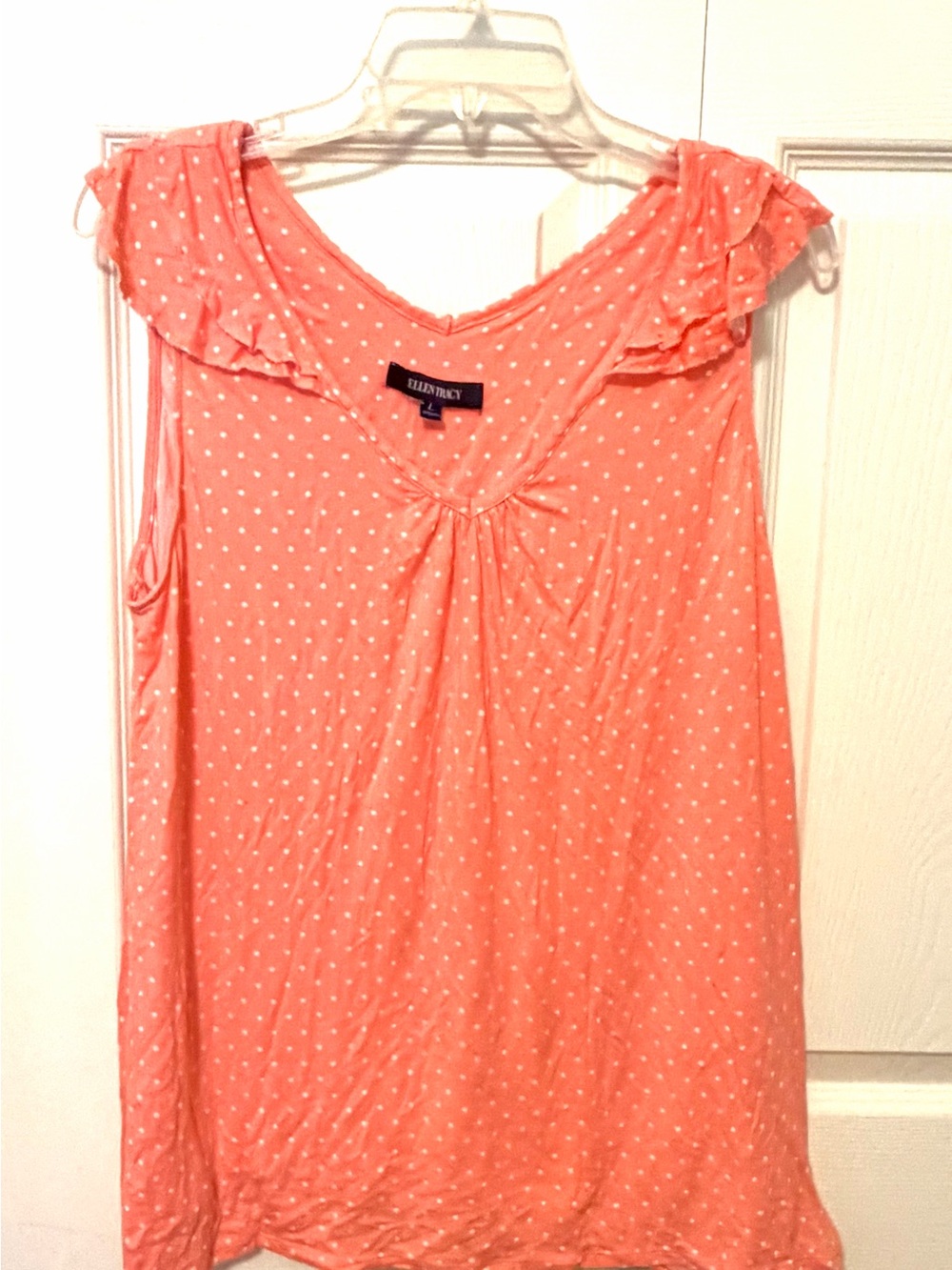 Ellen Tracy Women Orange Peach White Polka Ruffle Sleeve Sleep Pajama Top~Lg~EU